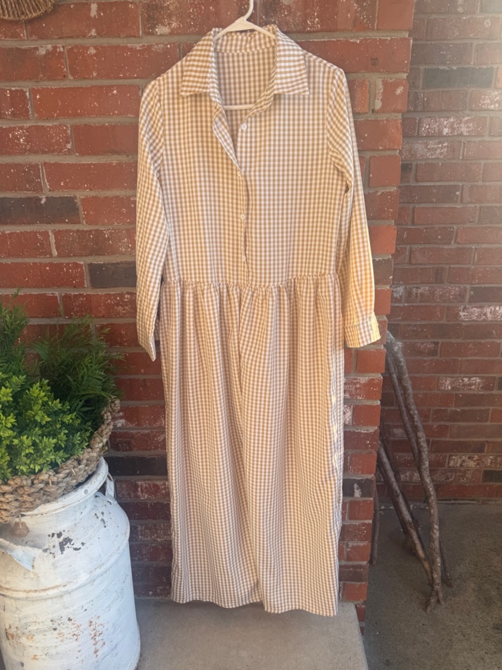 Tan Gingham Long Sleeve Jumpsuit